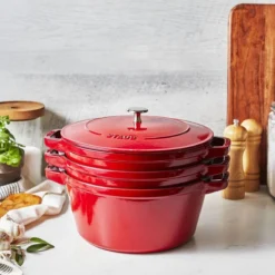 Staub Stackable Cocotte, Braiser, And Grill Pan With Lid | Cherry 21 Staub Stackable Cocotte, Braiser, And Grill Pan With Lid | Cherry -Le Creuset sales 750051520